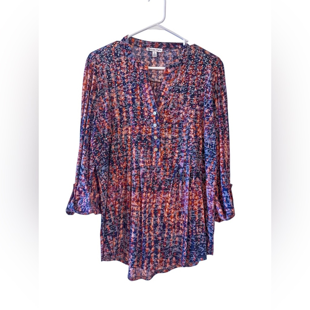 Kate Park Boho Abstract Print Blouse Size Large Flowy‎ Peasant Tunic Top